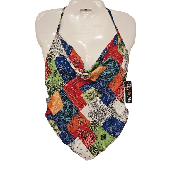 Iky & Me Halter Top NEW Medium Bandana Patchwork Festival Lightweight Smocked - Picture 1 of 7